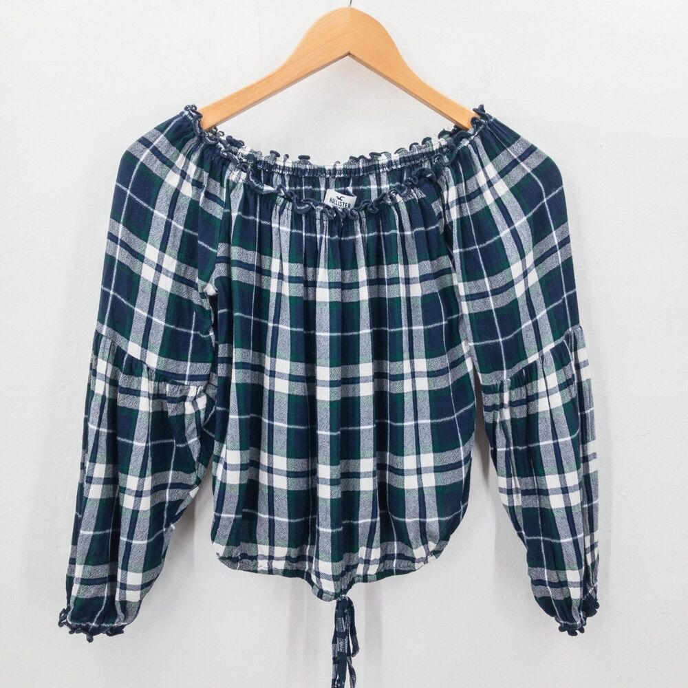 Hollister Cropped Off-Shoulder Top Blouse Blue Plaid Size Small
